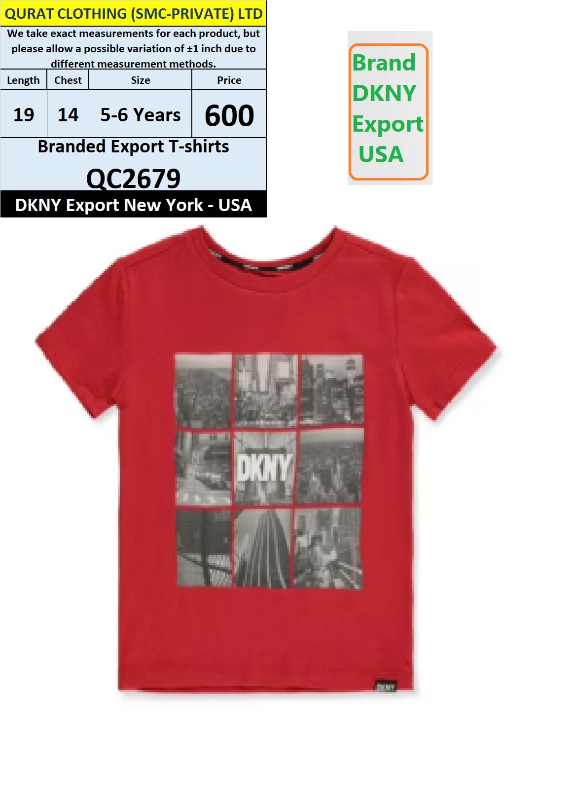 DKNY Brand T-shirt QC2679 Export New York - USA