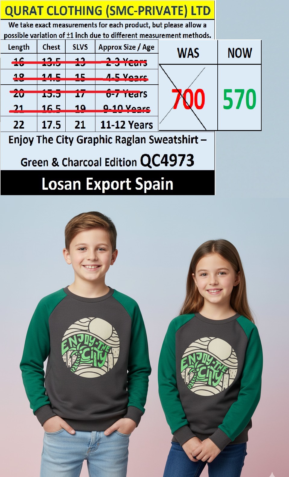 Losan Brand “Enjoy The City” Graphic Raglan Sweatshirt QC4973 – Green & Charcoal Edition – Export Spain