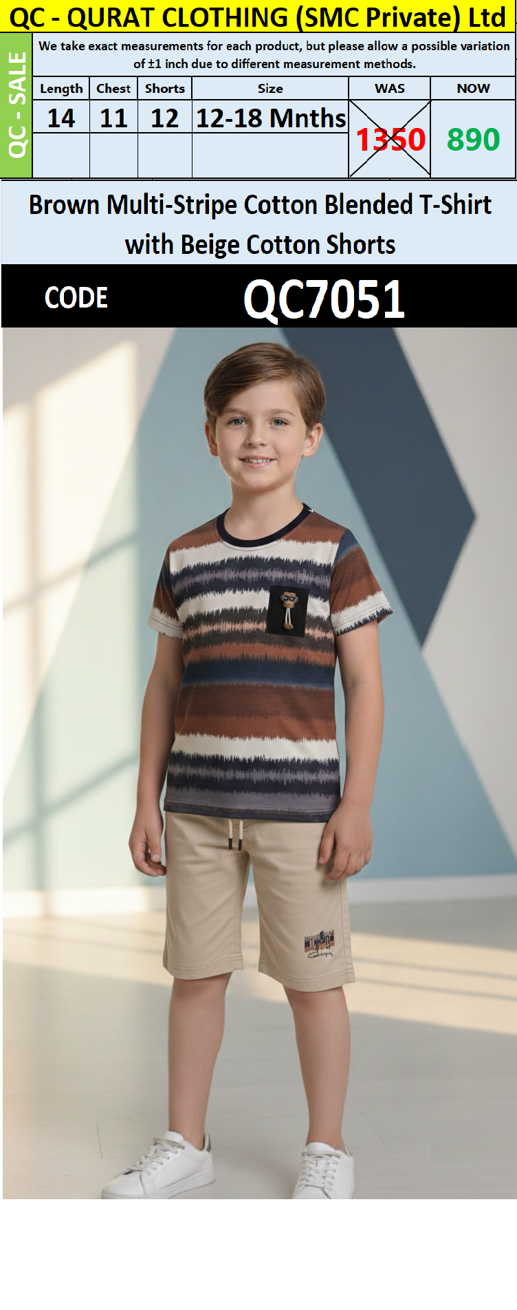 Brown Multi-Stripe Cotton Blended T-Shirt with Beige Cotton Shorts Boys Summer Set QC7051