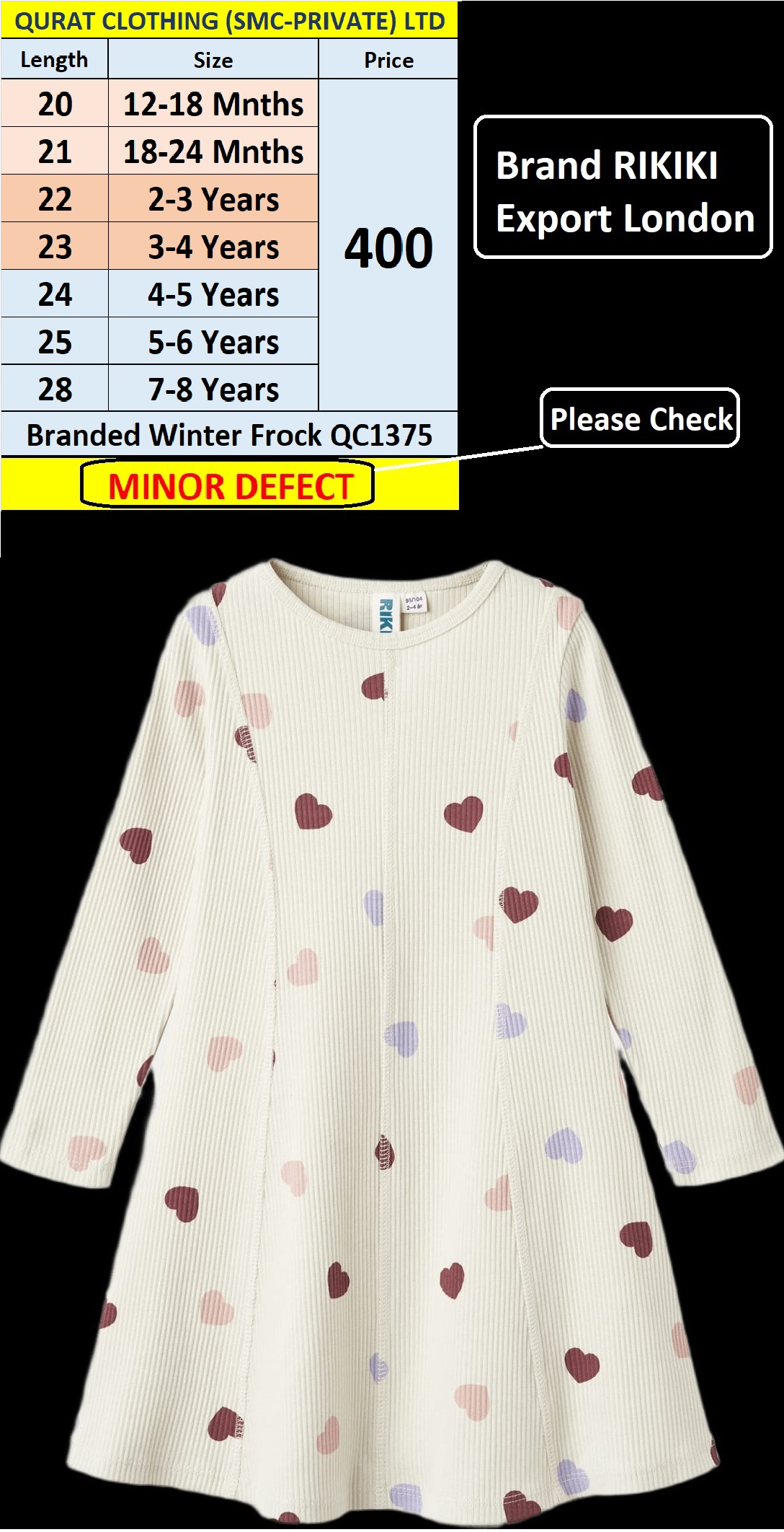 RIKIKI Brand Winter Full Sleeves Frock QC1375 (MINOR DEFECT)