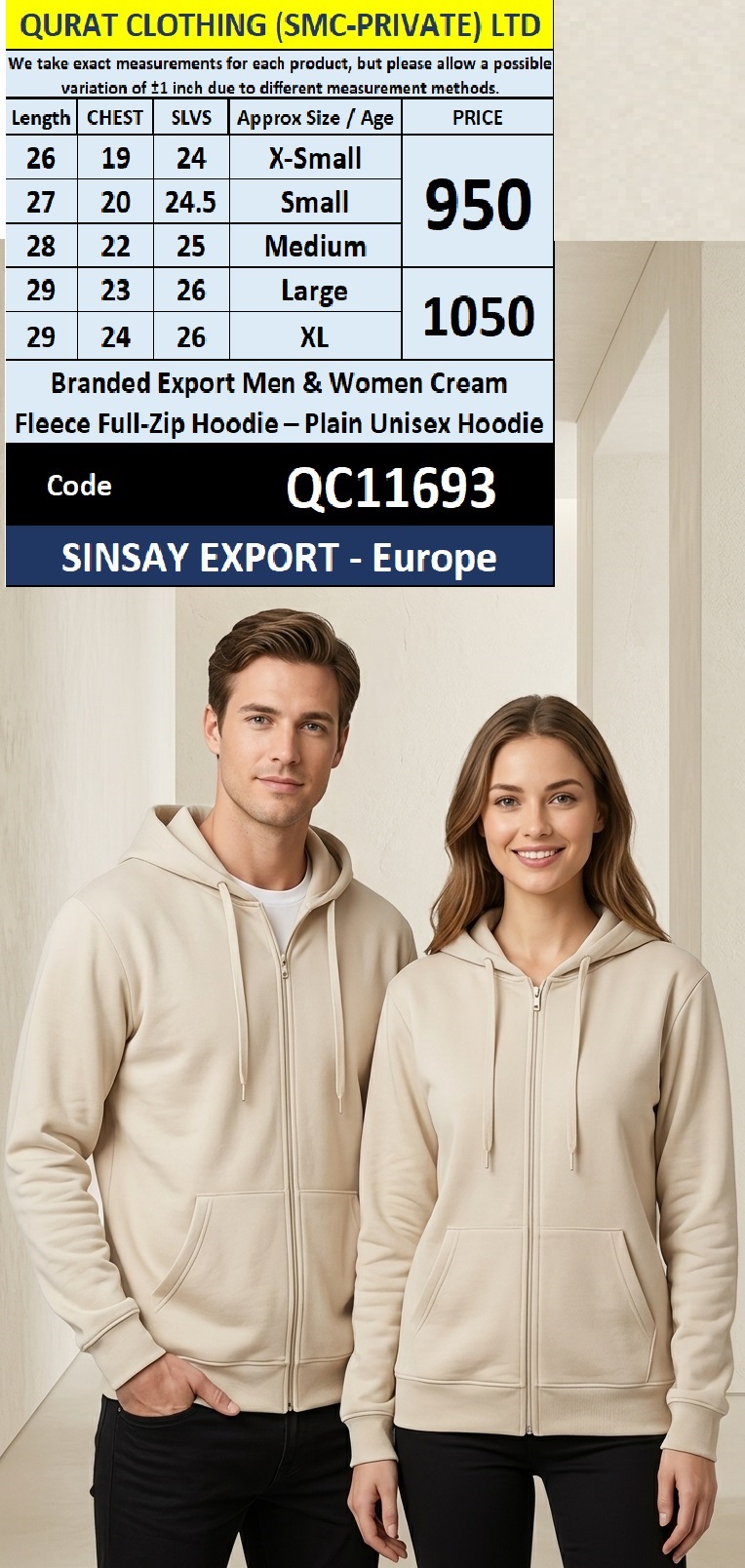 Sinsay Export Europe Branded Export Cream Plain Fleece Full-Zip Unisex Hoodie QC11693