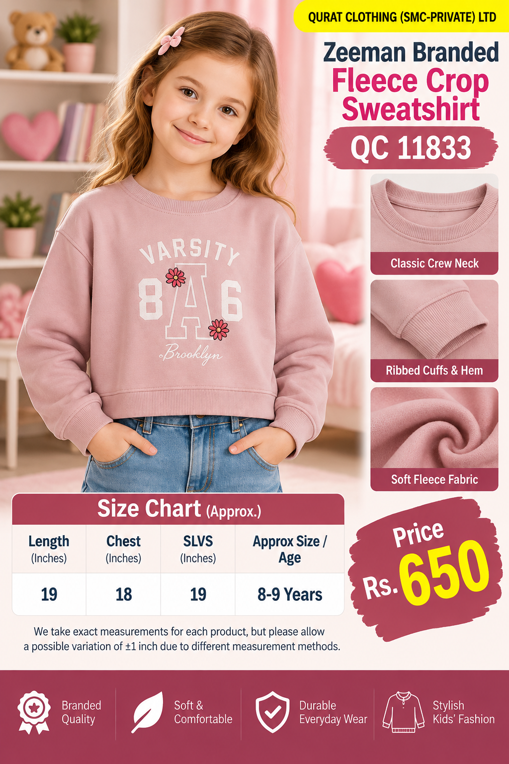 Zeeman Branded Dusty Pink Fleece Crop Sweatshirt with Varsity 8 A 6 Brooklyn lettering and flower graphics — QC11833