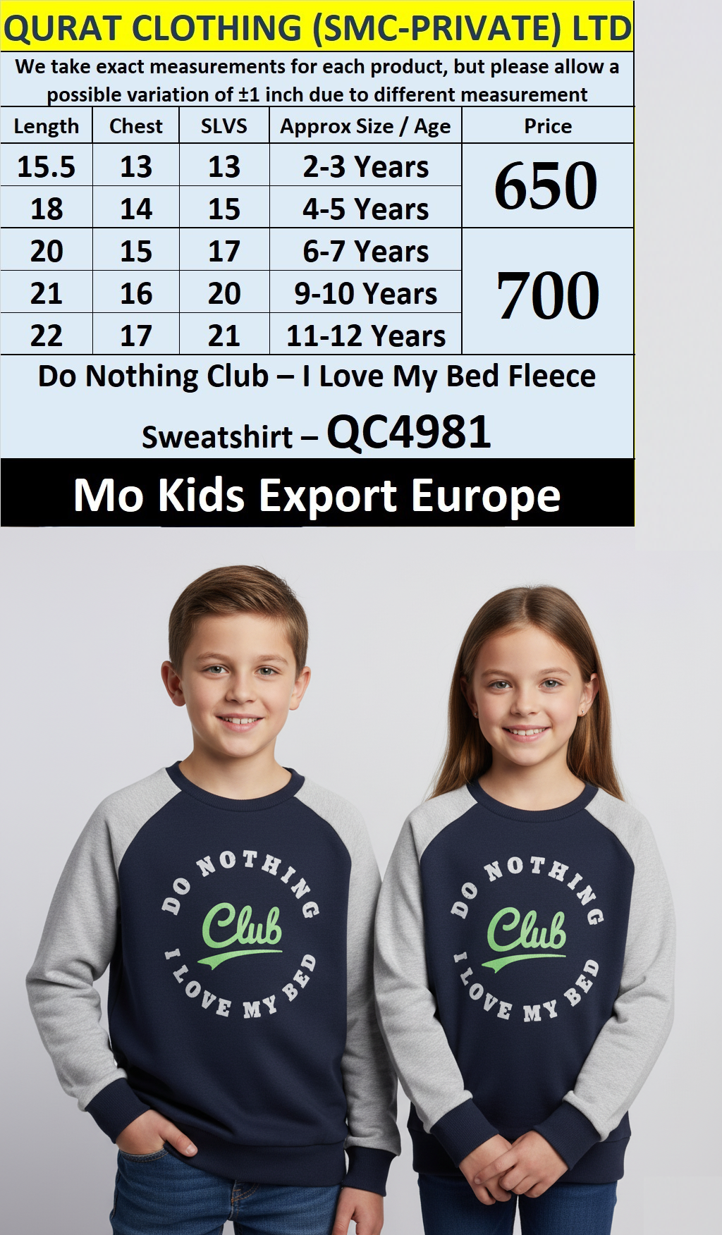 Mo Kids “Do Nothing Club – I Love My Bed” Navy & Grey Fleece Sweatshirt QC4981 – Export Europe