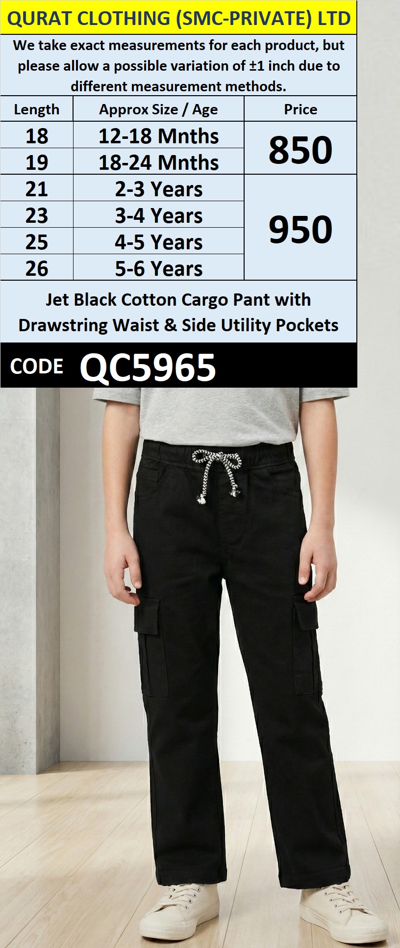 Jet Black Cotton Cargo Pant with Drawstring Waist & Side Utility Pockets – QC5965