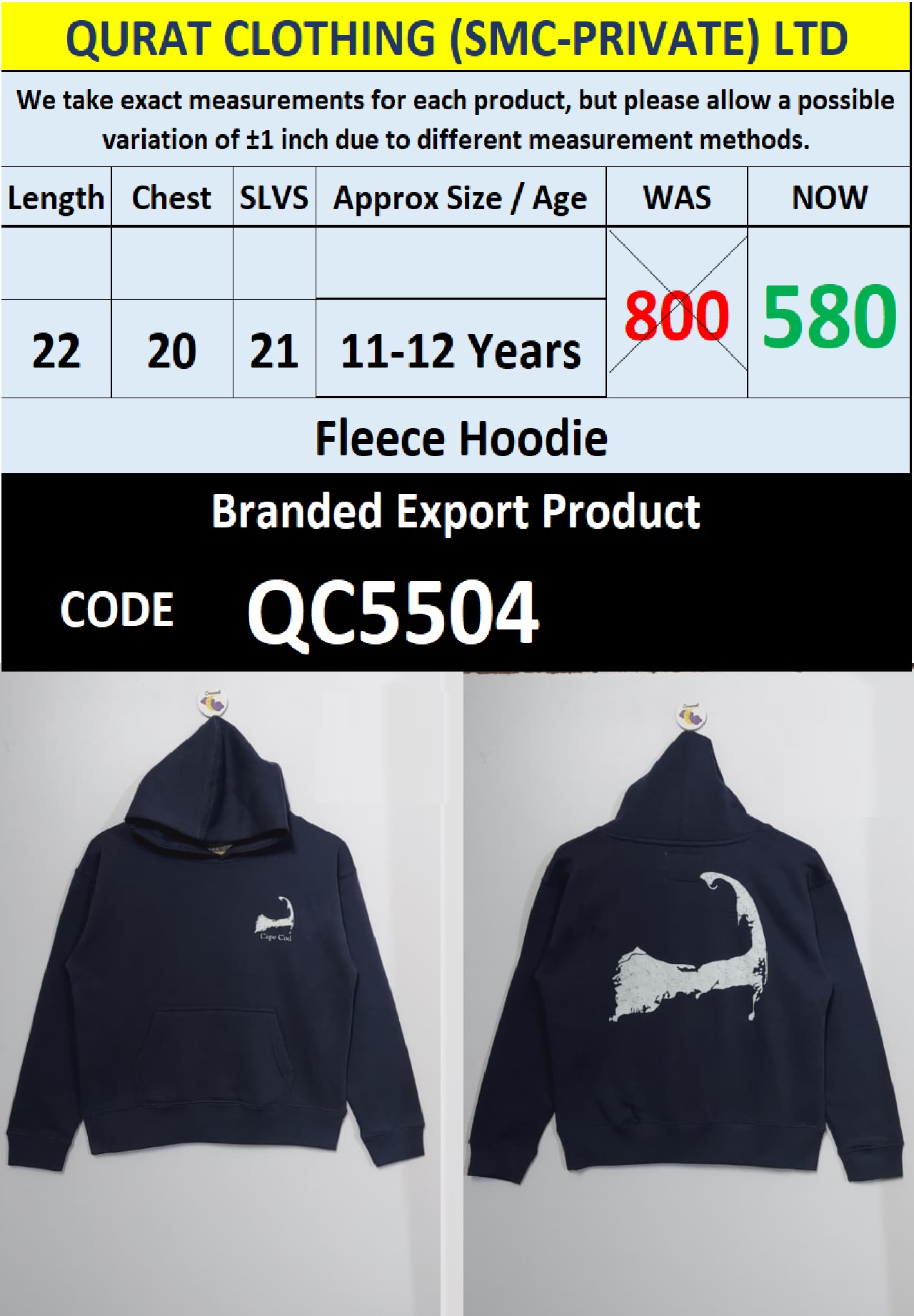 Branded Fleece Hoodie Export Product - QC5504
