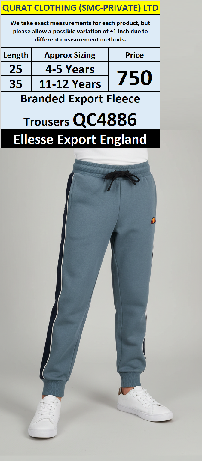 Ellesse QC4886 Branded Export Fleece Trousers – Blue Straight Fit Joggers with Side Stripes | Export England