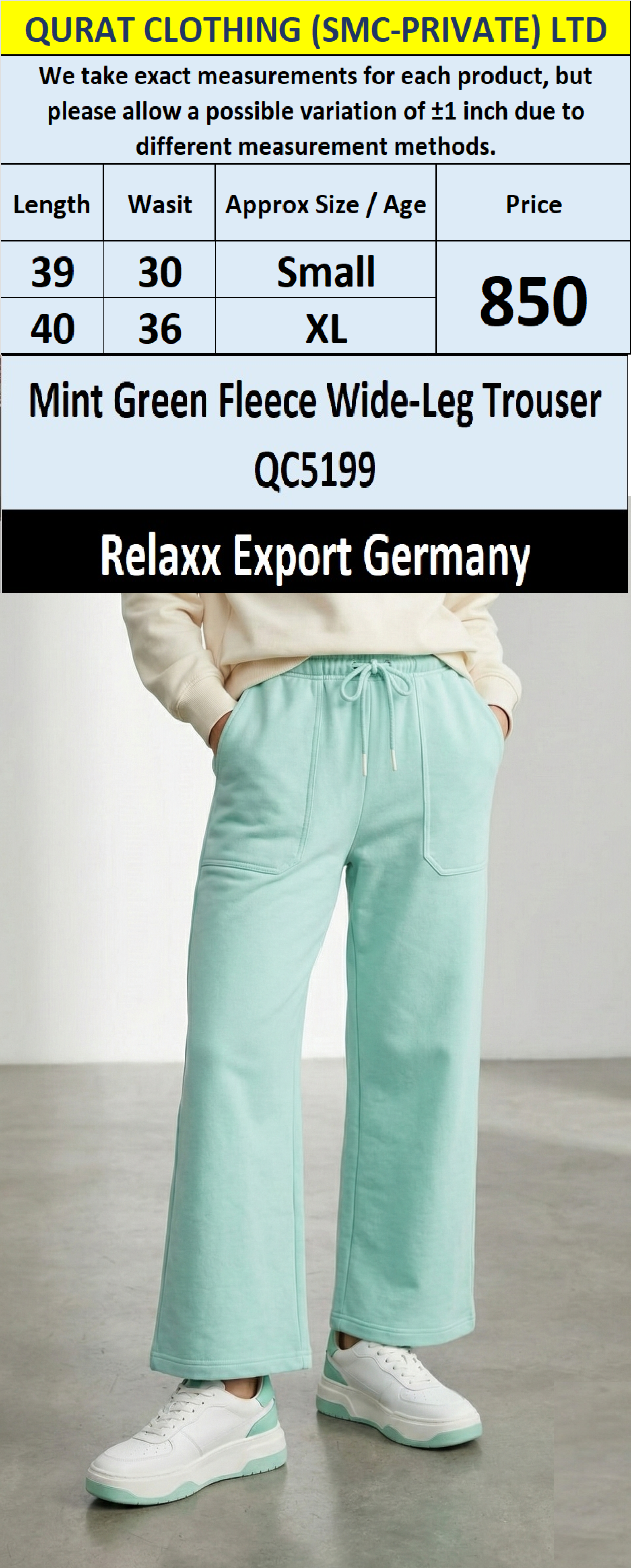 Relaxx Mint Green Fleece Wide-Leg Trouser QC5199 – Export Germany