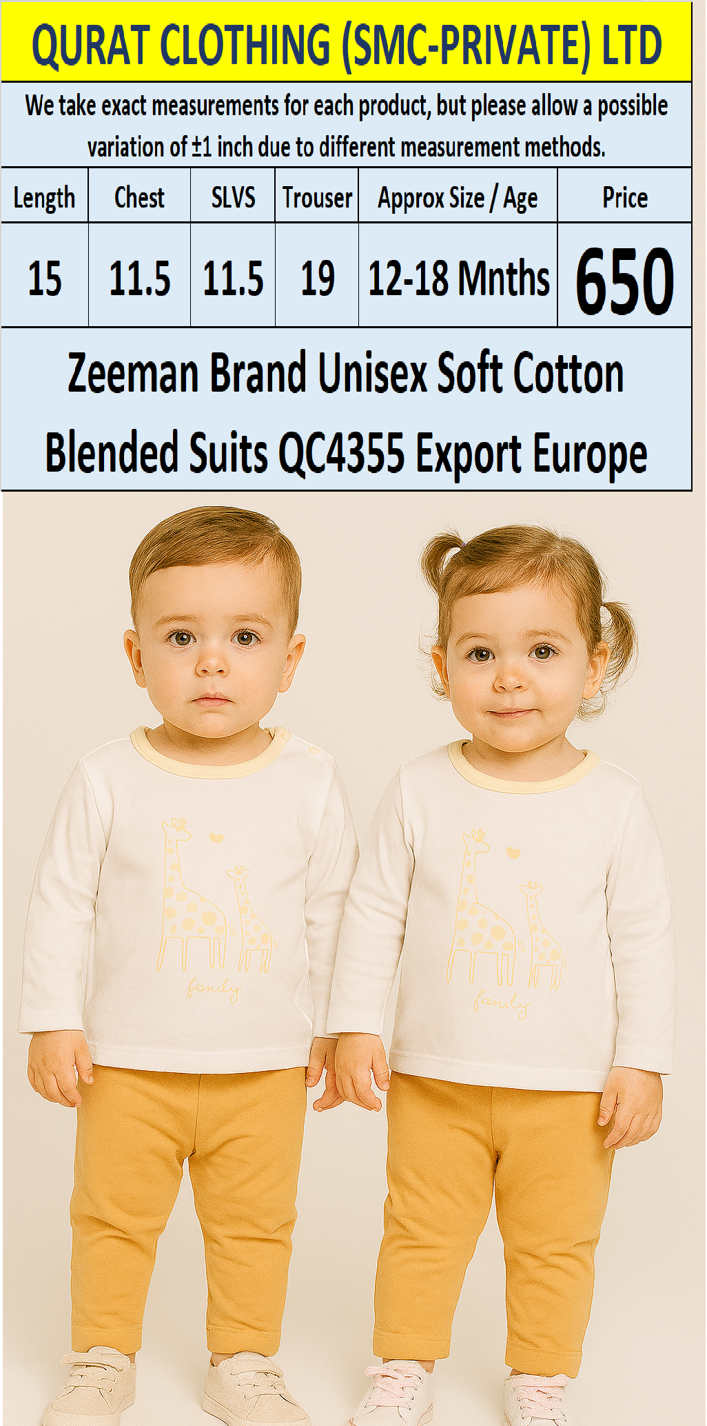 Zeeman Brand Unisex Soft Cotton Blended Suits QC4355 Export Europe 