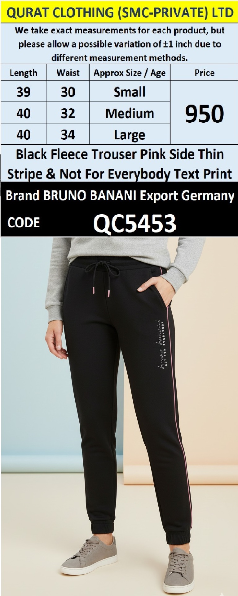 QC5453 Black Fleece Trouser with Pink Side Stripe & Not For Everybody Text Print – Bruno Banani Export Germany