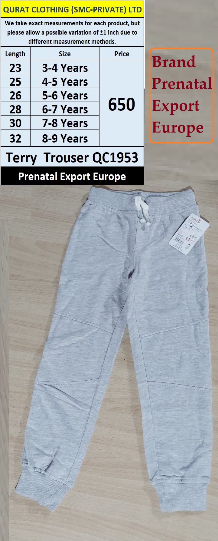 Prenatal Brand Terry Trouser QC1953 Export Europe