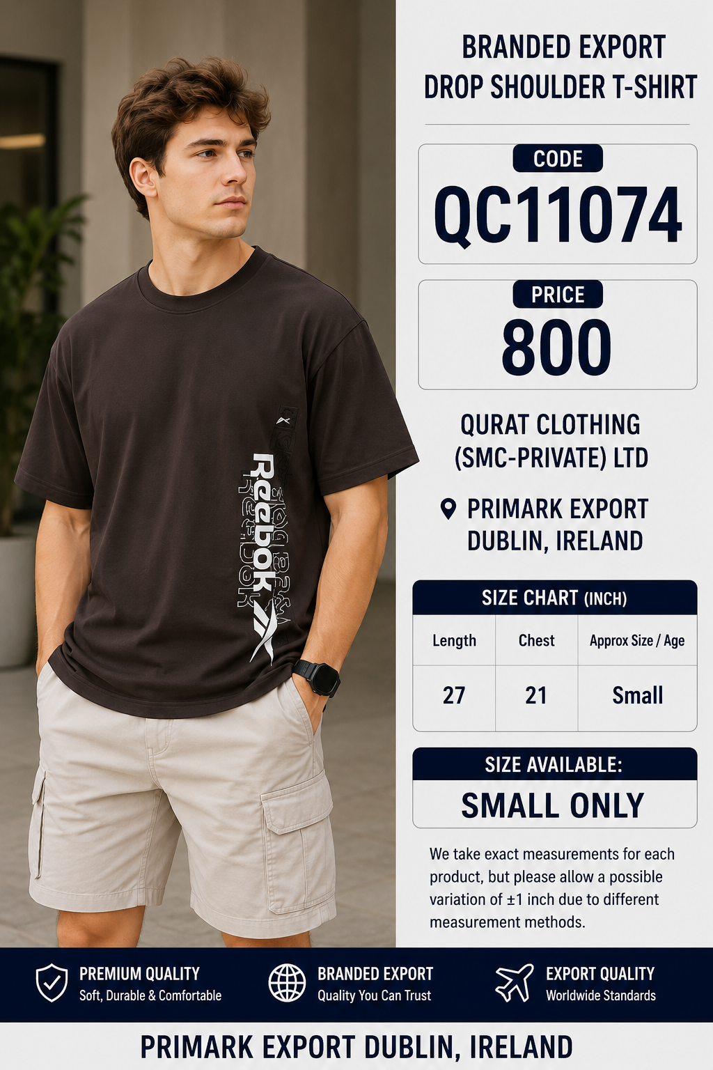 Dark Brown Reebok Vertical Print Branded Export Drop Shoulder T-Shirt QC11074 – Primark Export Dublin Ireland