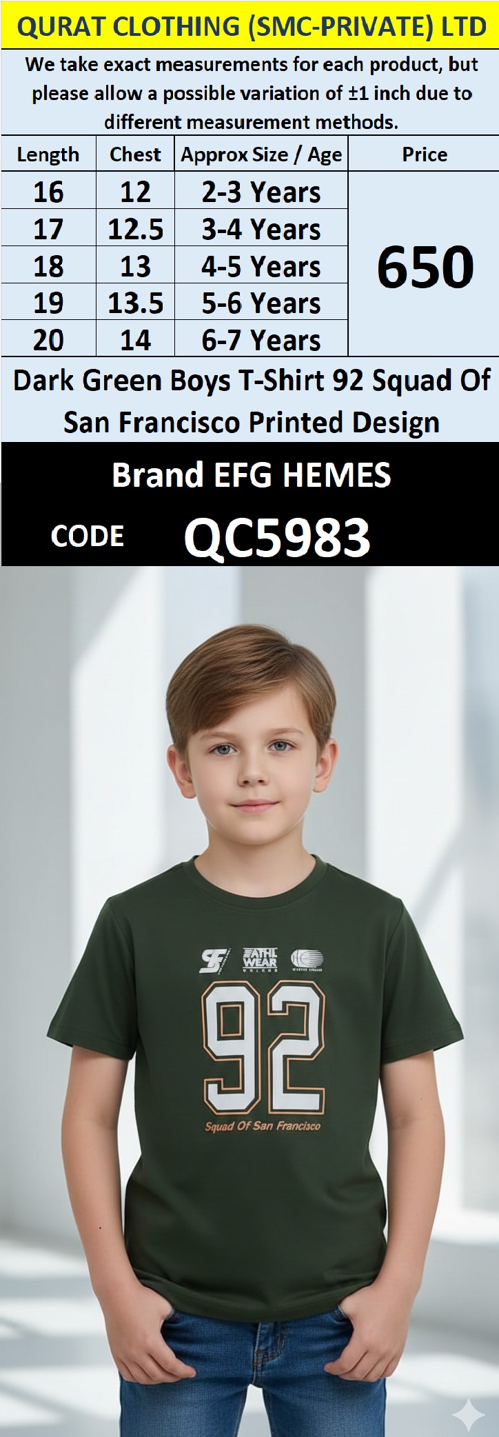 Dark Green Cotton Blended  T-Shirt 92 Squad Of San Francisco Printed Graphic – Kids Casual Tee – QC5983