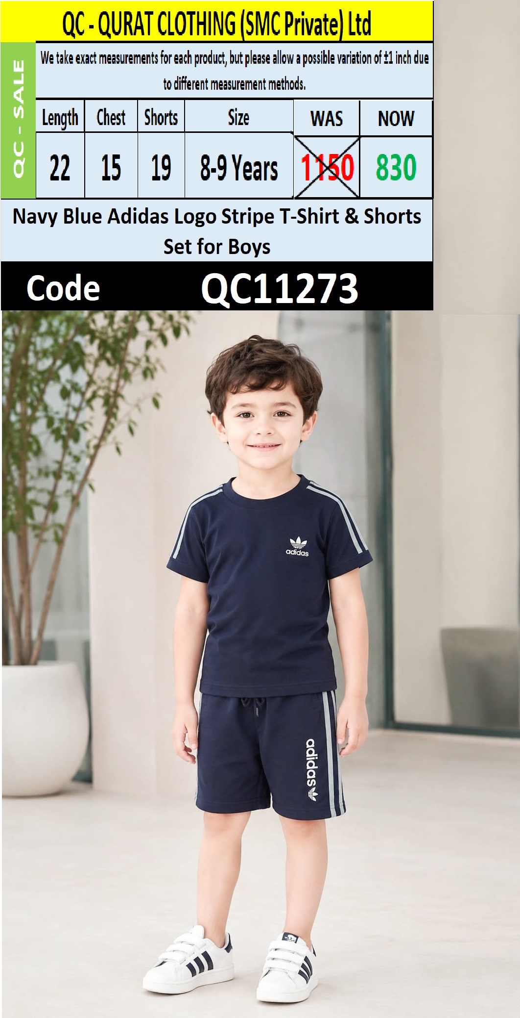 Navy Blue Adidas Logo Stripe T-Shirt & Shorts Set for Boys – QC11273