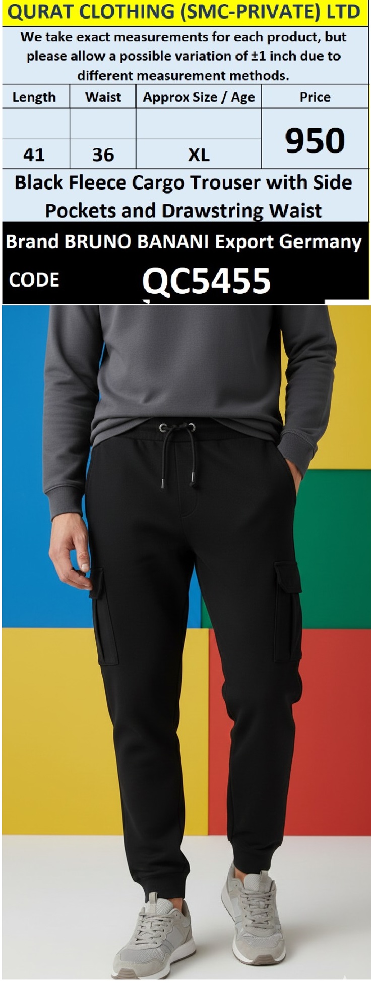 QC5455 Black Fleece Cargo Trouser with Side Pockets & Drawstring Waist – Bruno Banani Export Germany