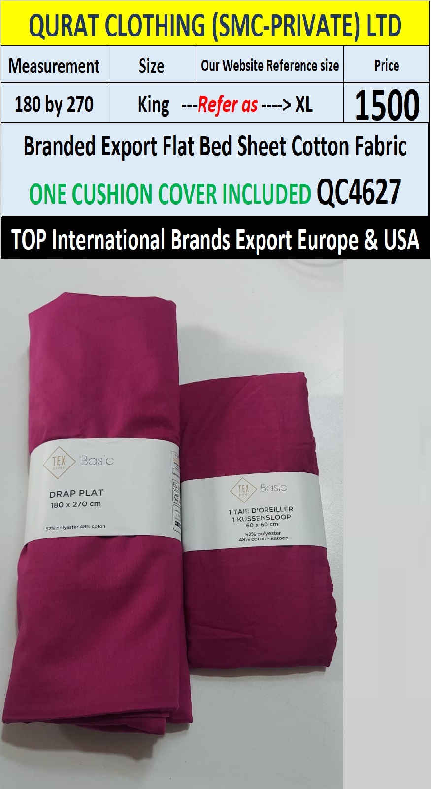 Top Intl Brand Flat Cotton Bed Sheet QC4627 Export Europe & USA - QC4627