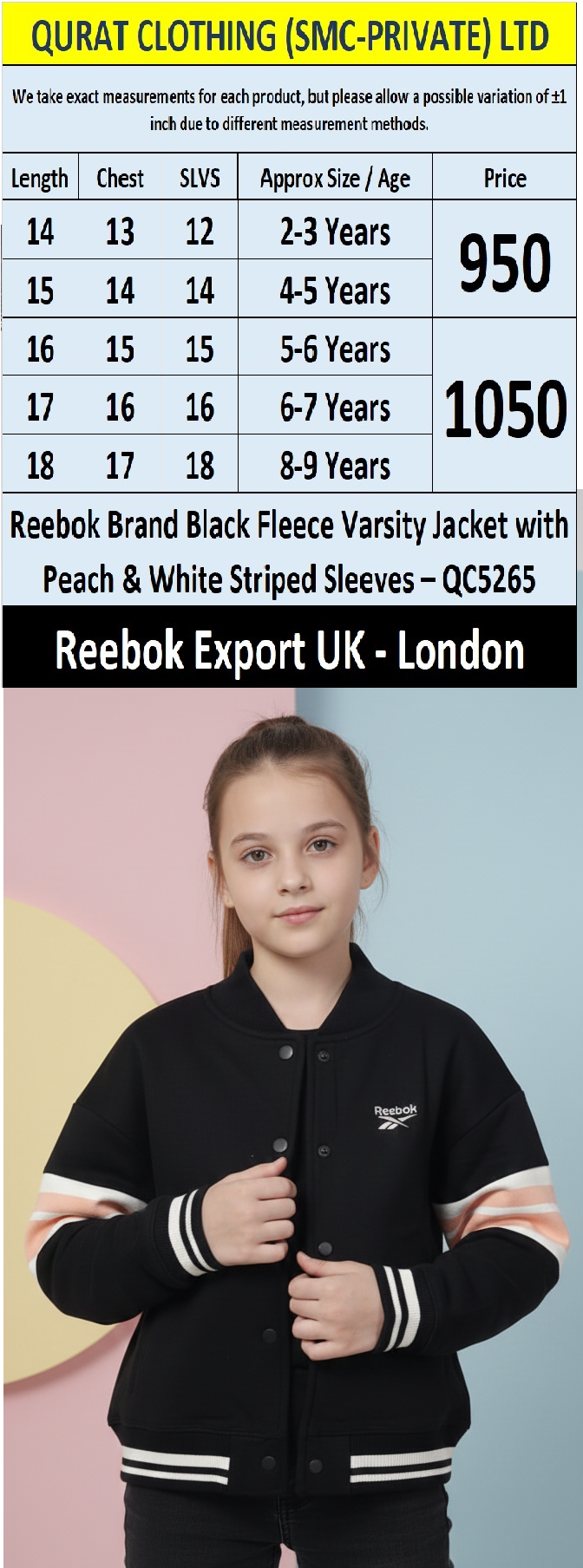 Reebok Brand Black Fleece Varsity Jacket with Peach & White Striped Sleeves – QC5265 – Export UK London