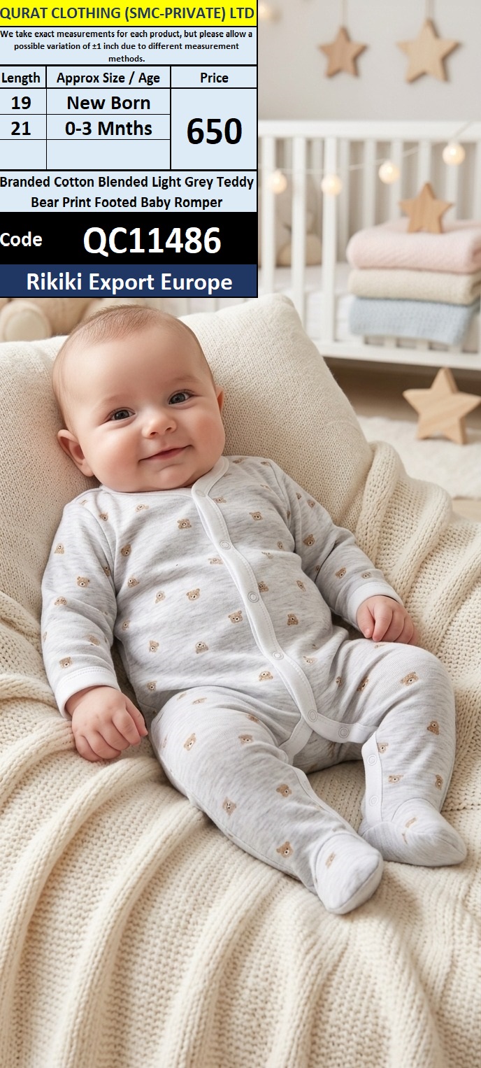 Rikiki Export Europe Branded Cotton Blended Light Grey Teddy Bear Print Footed Baby Romper – QC11486
