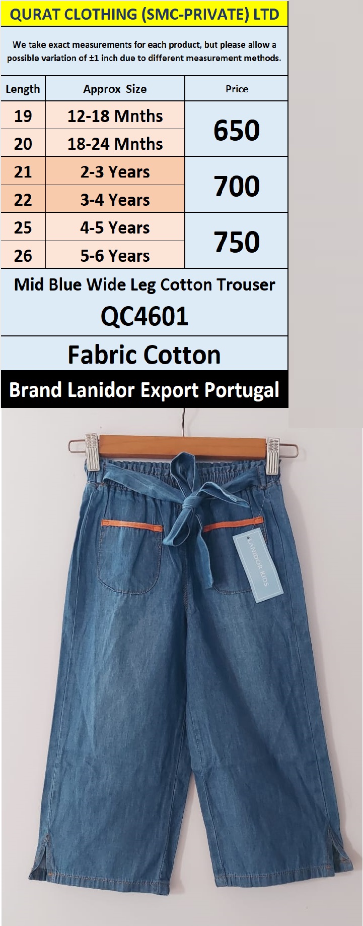 Lanidor Brand Mid Blue Wide Leg Cotton Trouser Export Portugal - QC4601