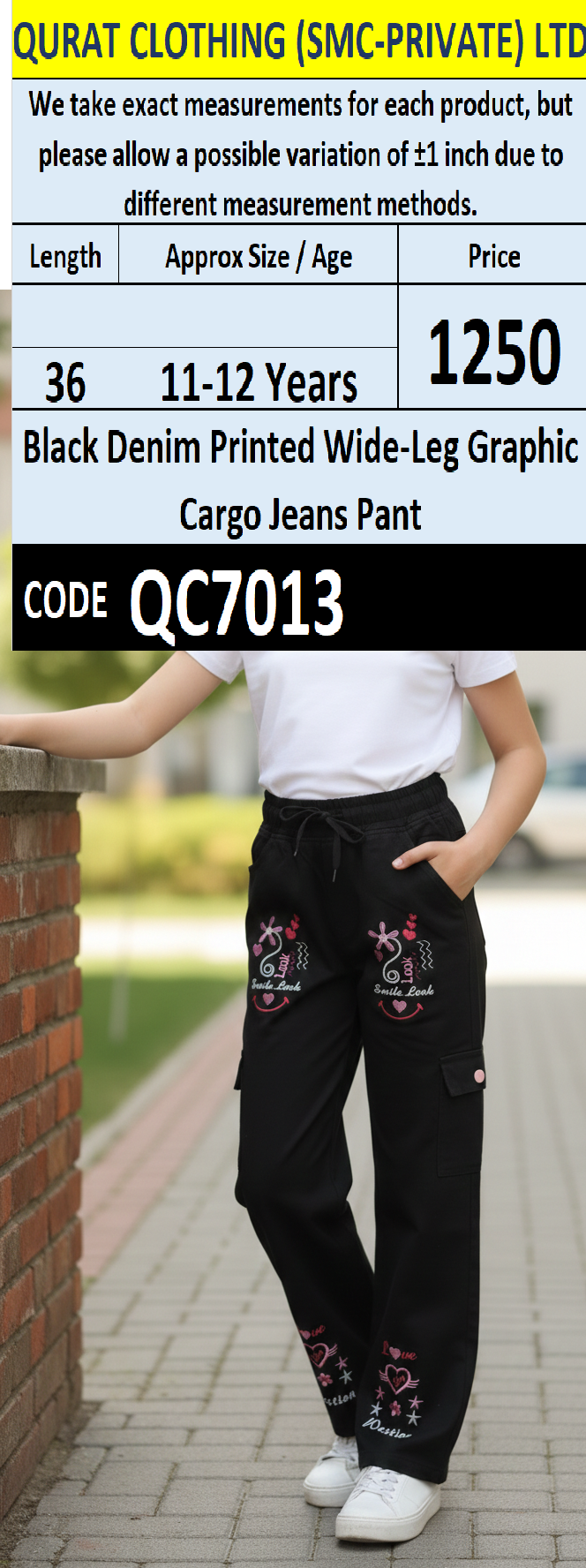 Girls Black Denim Printed Wide-Leg Graphic Cargo Trouser – Trendy Kids Fashion QC7013