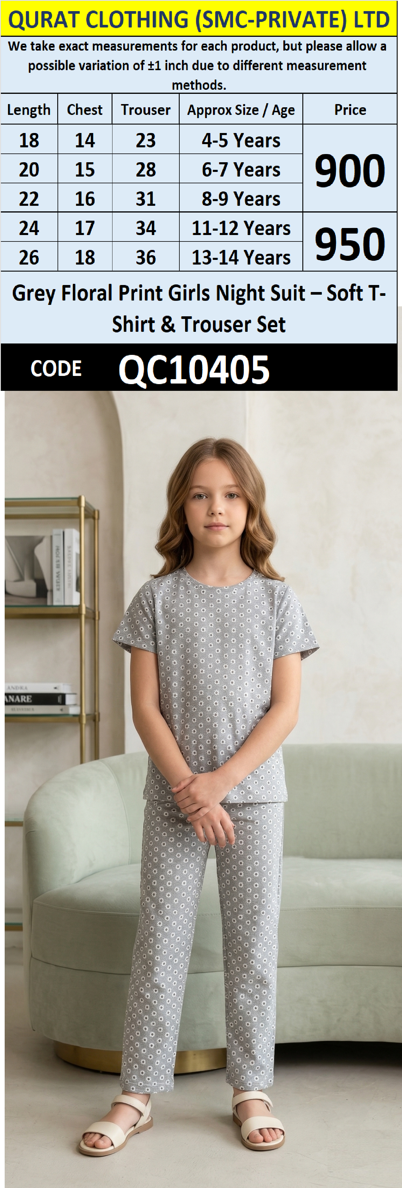 Grey Floral Print Girls Night Suit – Soft T-Shirt & Trouser Set QC10405