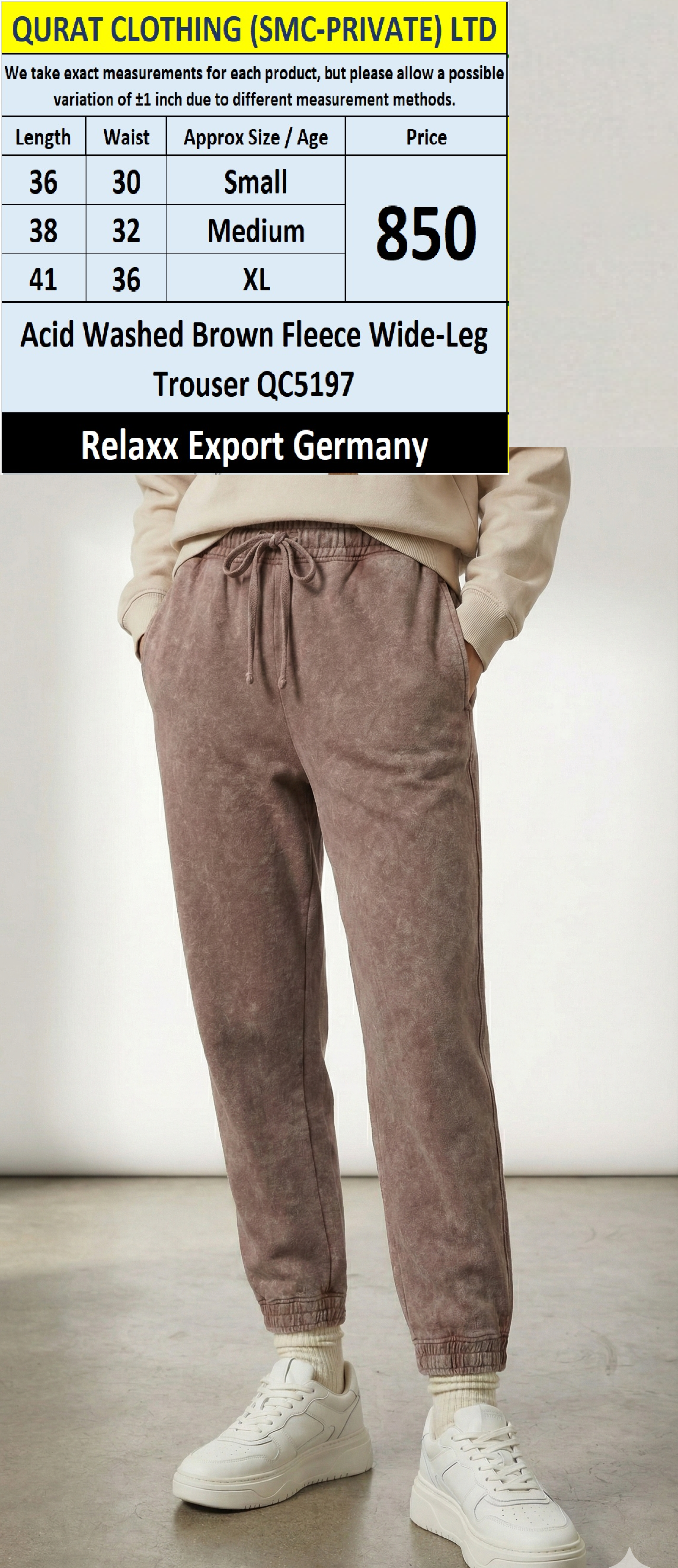 Acid Washed Brown Fleece Wide-Leg Trouser QC5197 – Relaxx Germany Export