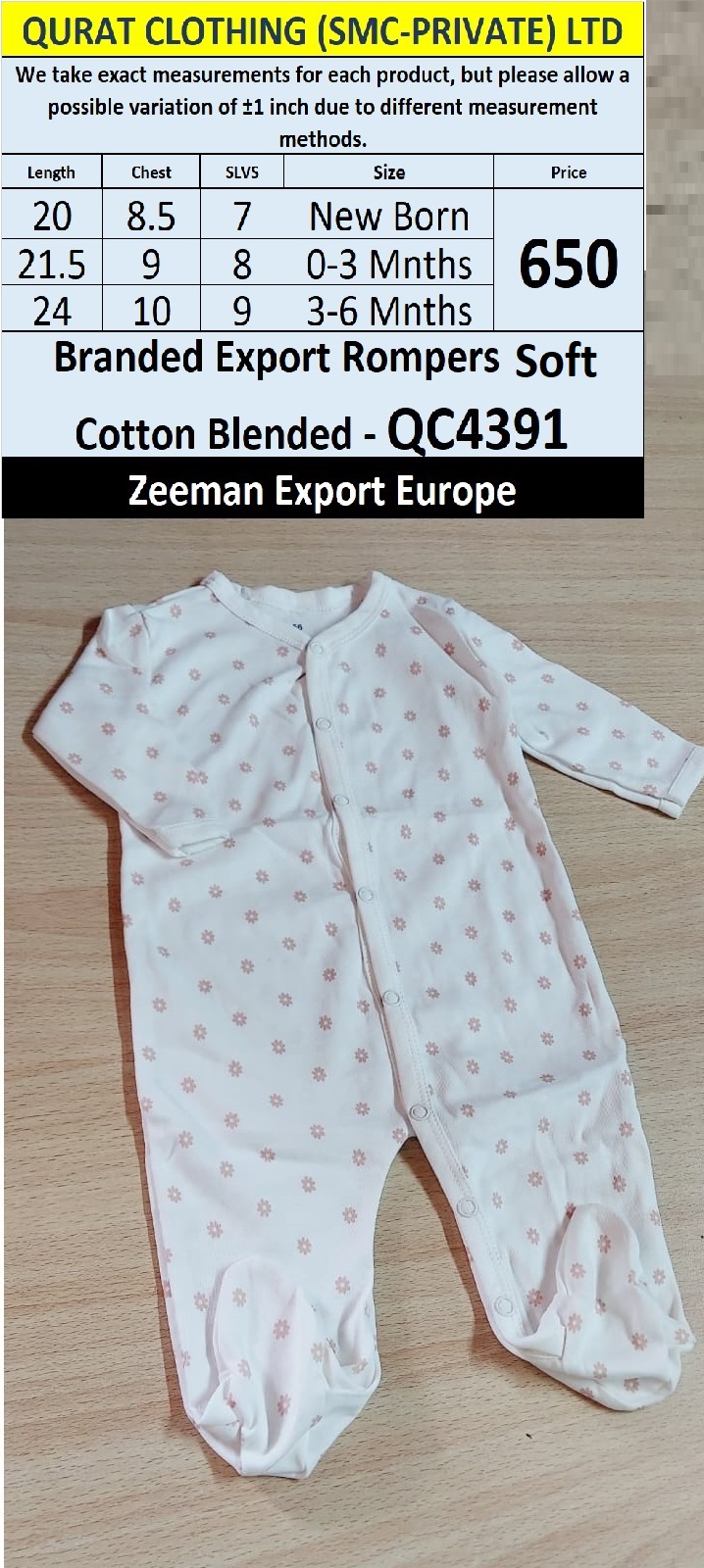 Zeeman Brand Soft Cotton Blended Romper Export Europe - QC4391
