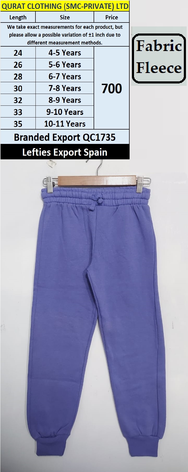 Lefties Brand Export Fleece Trouser QC1735 Export Spain 