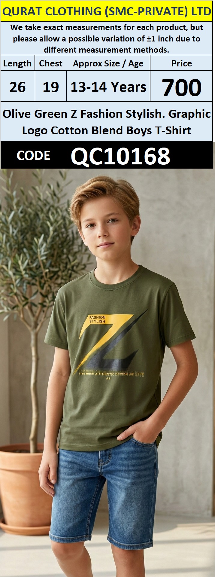 Olive Green Z Fashion Stylish Graphic Logo Cotton Blend Boys T-Shirt QC10168