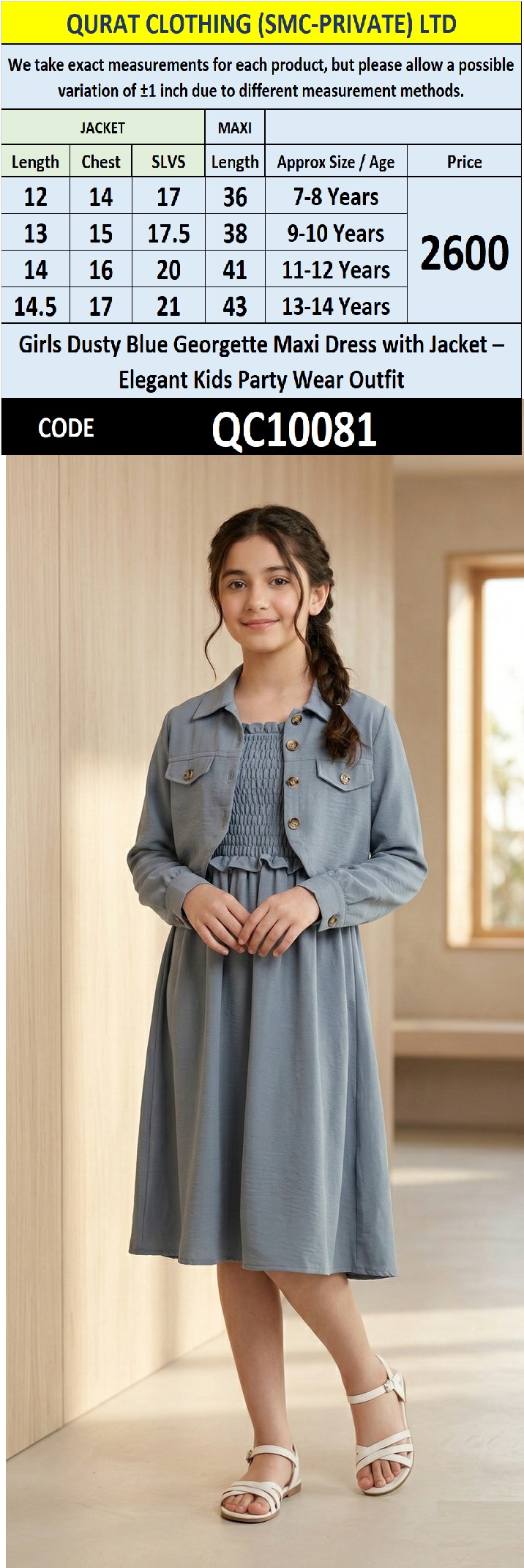 Girls Dusty Blue Georgette Maxi Dress with Jacket – Elegant Kids Party Wear Outfit QC10081 - QC10081