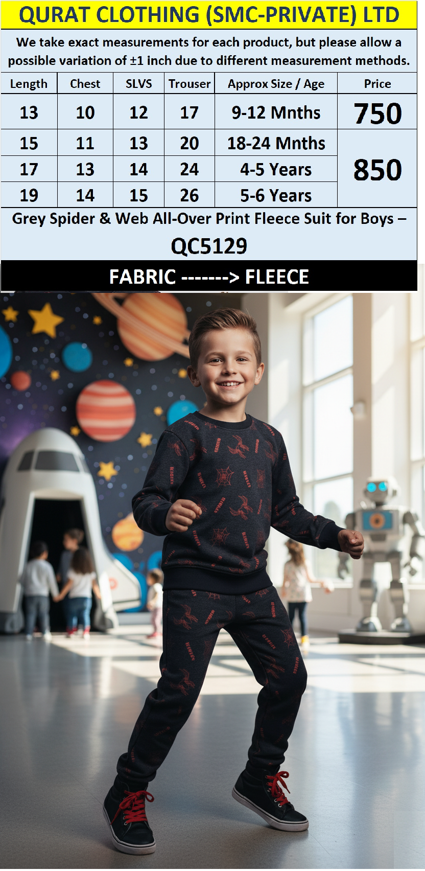Dark Grey Spider & Web All-Over Print Fleece Suit for Boys – QC5129