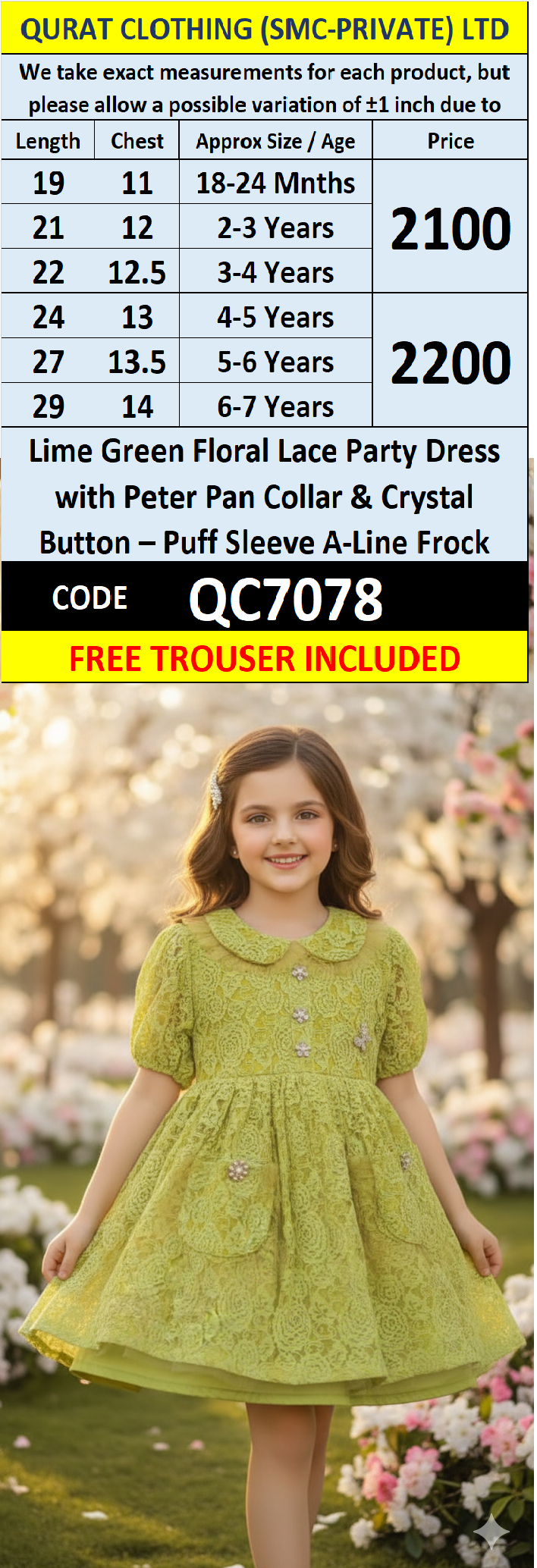 Lime Green Floral Lace Party Dress with Peter Pan Collar & Crystal Button – Puff Sleeve A-Line Frock QC7078 - QC7078