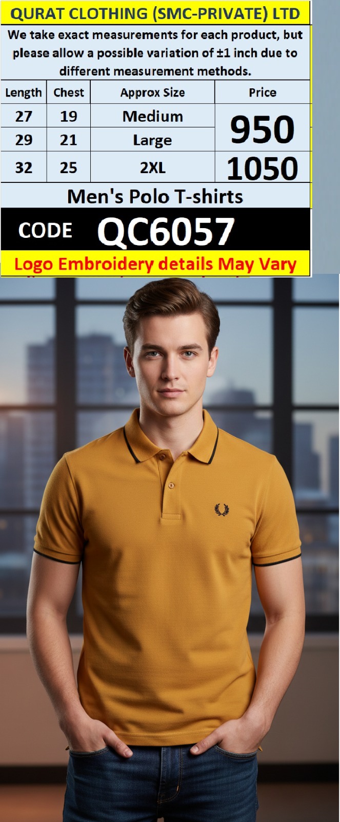Mustard Yellow Cotton Piqué Polo T-Shirt Embroidered Chest Logo Contrast Collar – QC6057