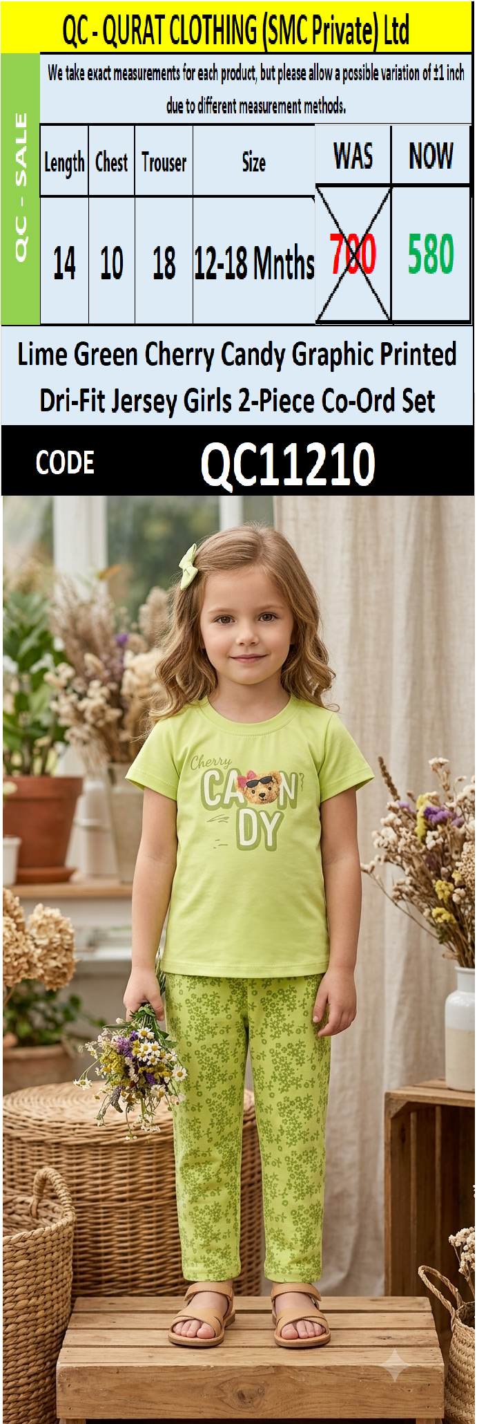 Lime Green Cherry Candy Graphic Printed Dri-Fit Jersey Girls 2-Piece Co-Ord Set QC11210