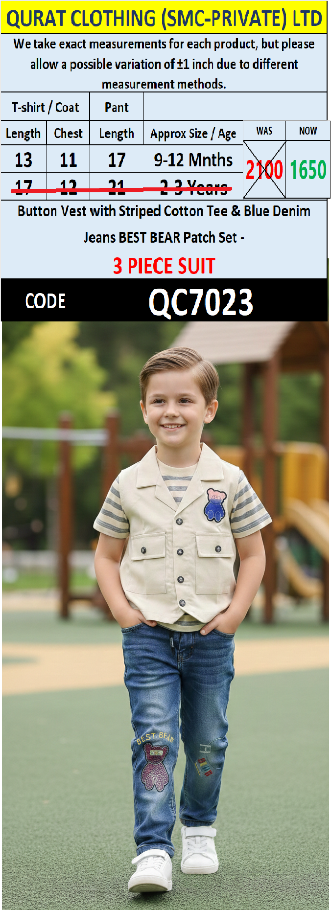 Button Vest with Striped Cotton Tee & Blue Denim BEST BEAR Patch 3 Piece Boys Suit QC7023 - QC7023