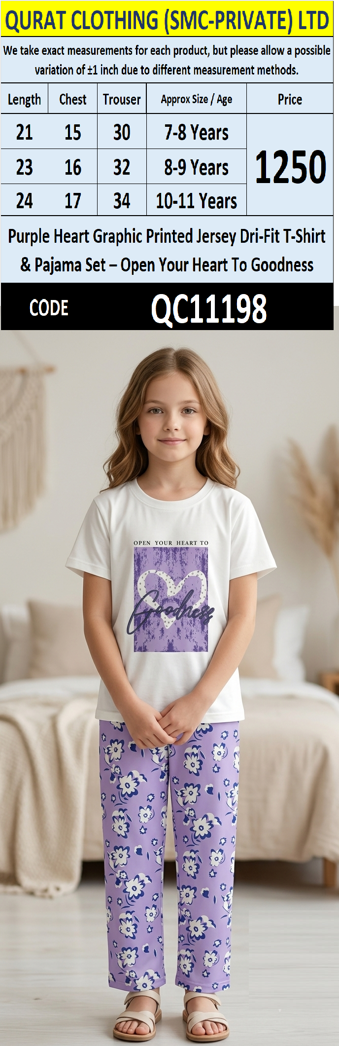 Purple Heart Graphic Printed Jersey Dri-Fit T-Shirt & Pajama Set – "Open Your Heart To Goodness" QC11198