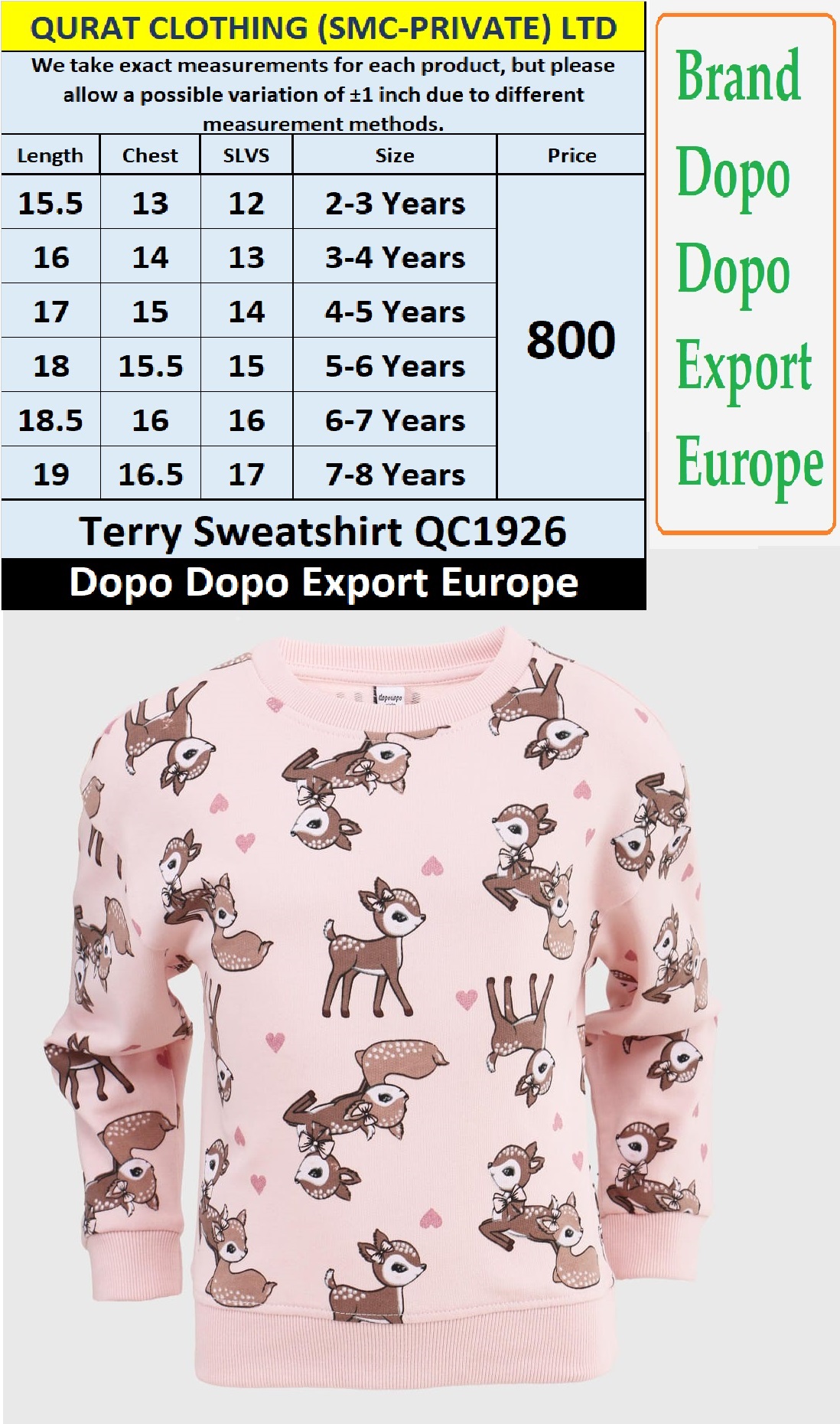 Dopo Dopo Brand Terry Sweatshirt QC1926 Export Europe