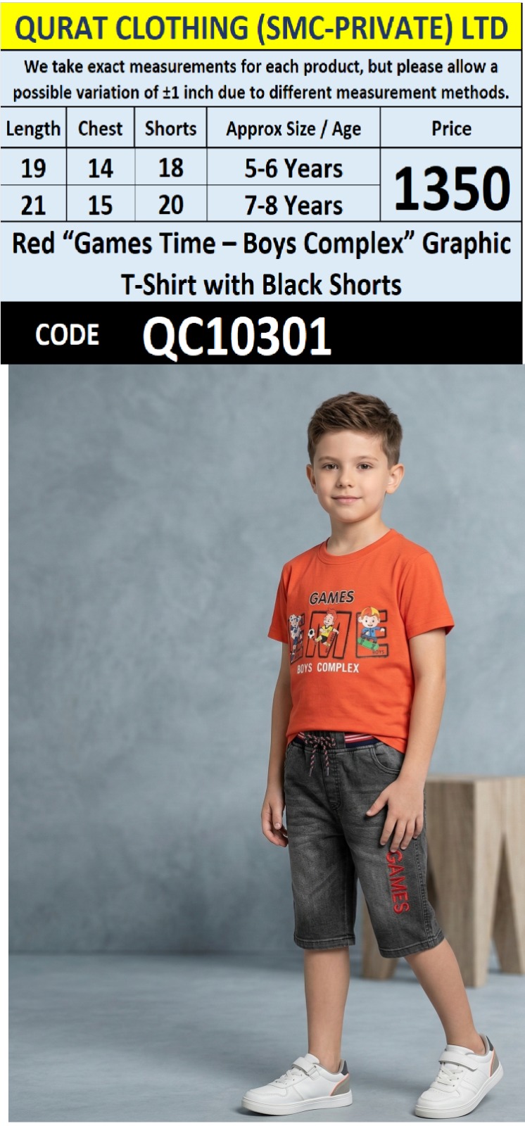 Red “Games Time – Boys Complex” Graphic T-Shirt with Black Shorts – QC10301