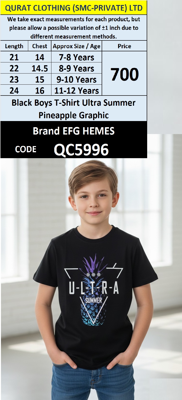 Black Cotton-Blend Boys T-Shirt ULTRA Summer Pineapple Graphic Print – Kids Tee – QC5996