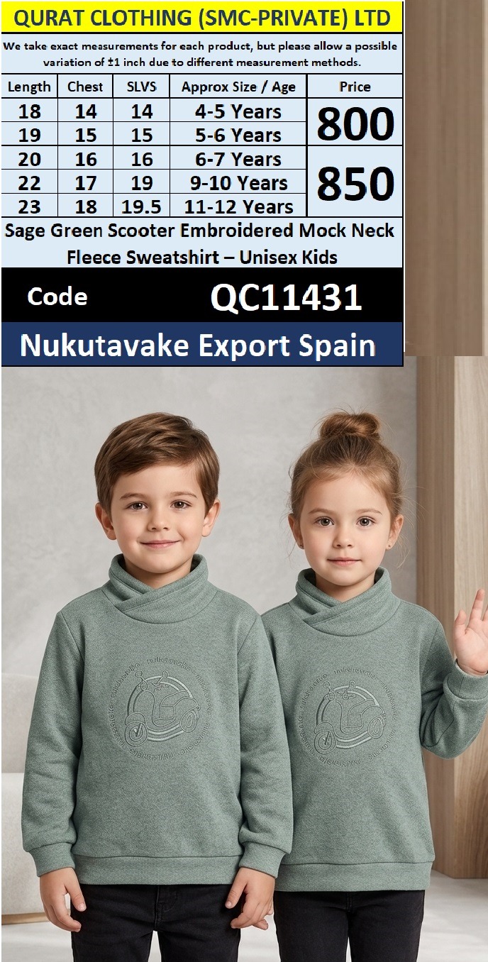 Nukutavake Export Spain Sage Green Scooter Embroidered Mock Neck Fleece Sweatshirt – Unisex Kids – QC11431