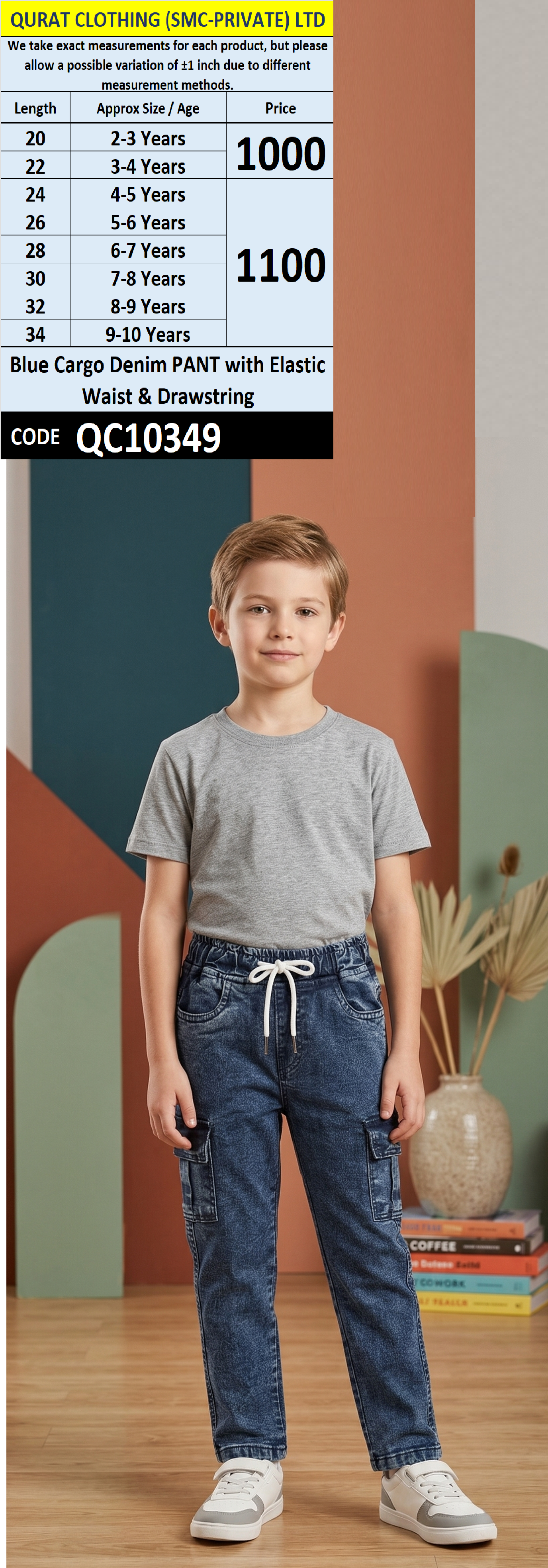 Blue Cargo Denim PANT with Elastic Waist & Drawstring QC10349