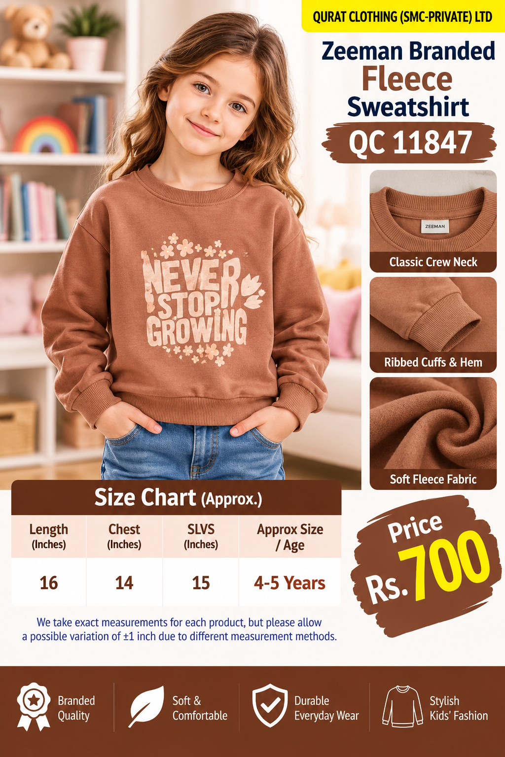 Zeeman Branded brown fleece sweatshirt with Never Stop Growing floral print — QC11847