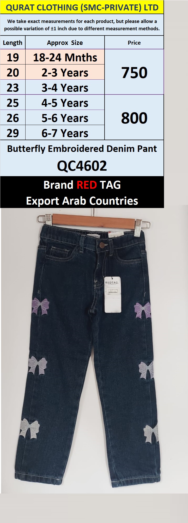 Butterfly Embroidery Denim Pant Brand RED TAG Export Arab Countries - QC4602