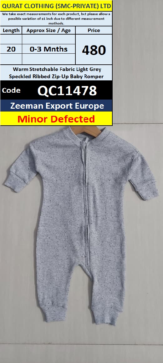 Zeeman Export Europe Warm Stretchable Light Grey Speckled Ribbed Zip-Up Baby Romper – 0–3 Months – QC11478 – Minor Defected