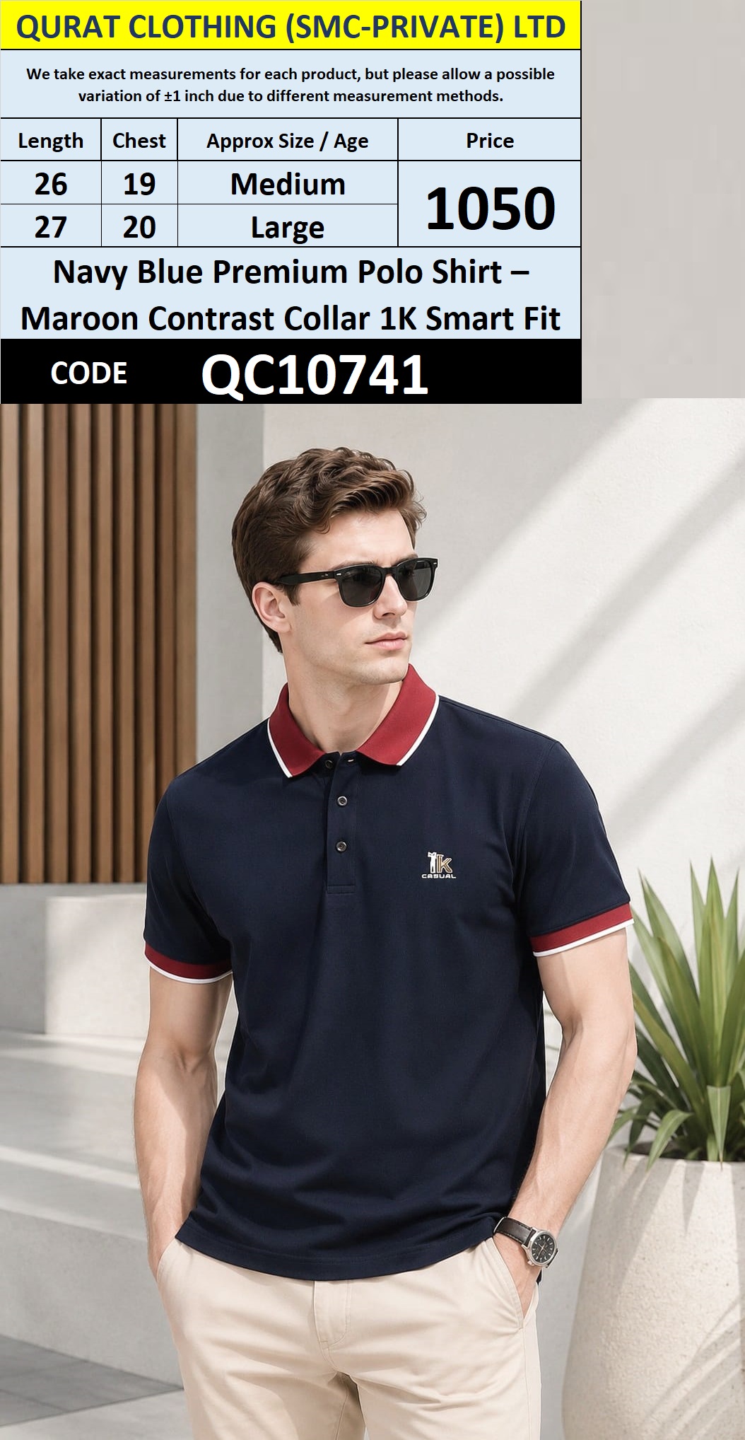 Navy Blue Premium Polo Shirt – Maroon Contrast Collar 1K Smart Fit – QC10741