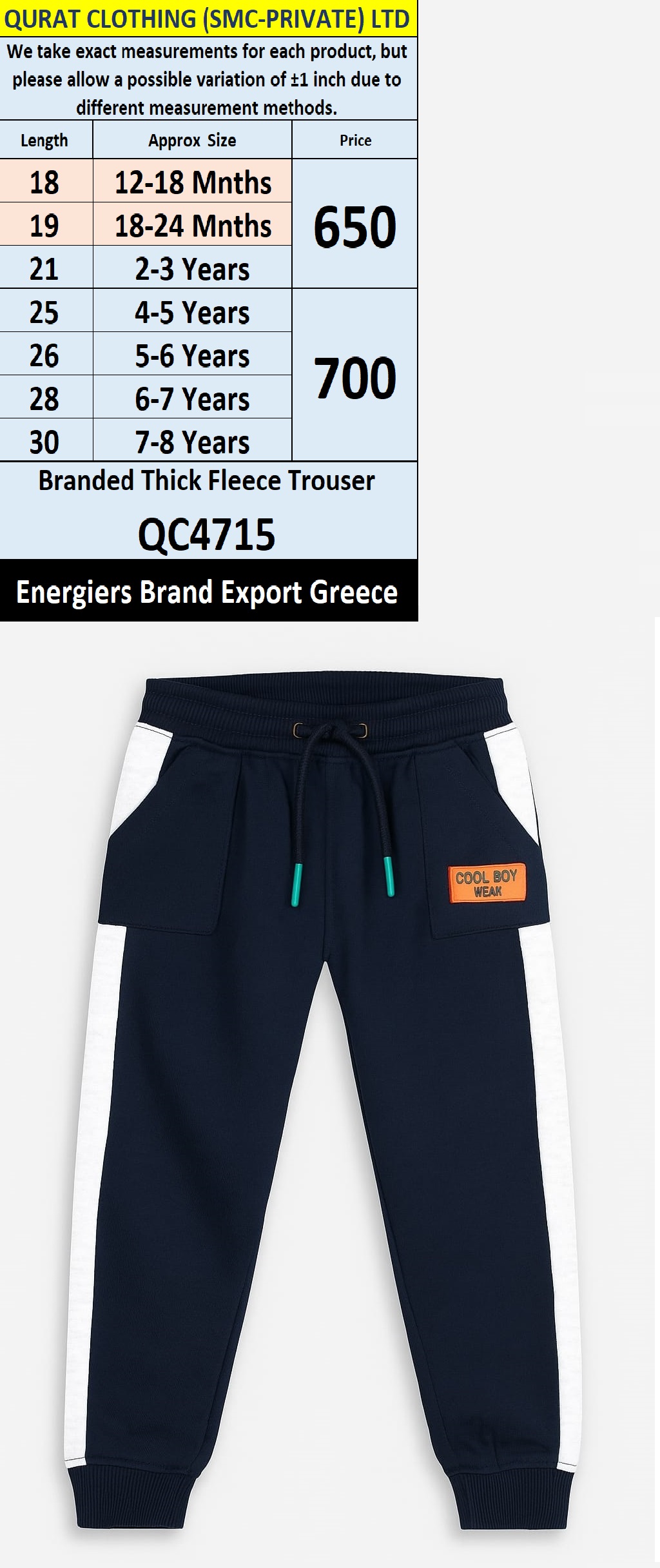 Energiers Brand Thick Fleece Trouser QC4715 Export Greece 