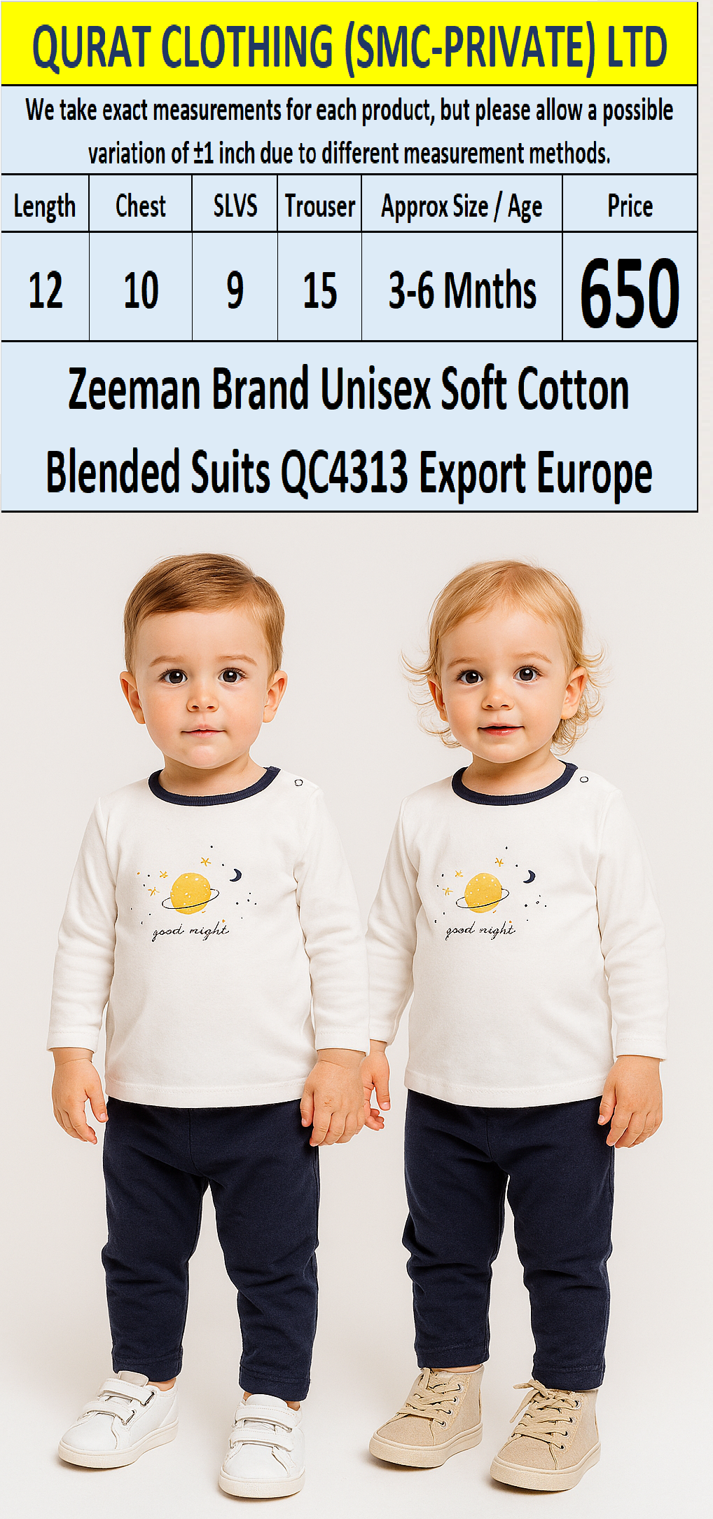 Zeeman Brand Unisex Soft Cotton Blended Suits QC4313 Export Europe 