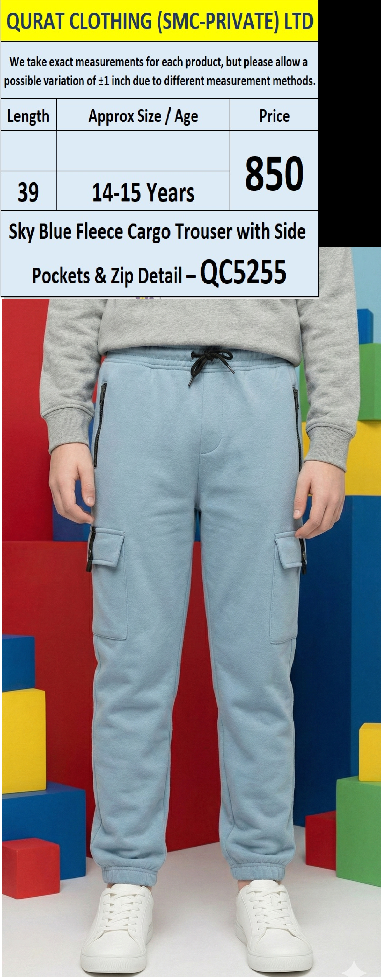 Sky Blue Fleece Cargo Trouser with Side Pockets & Zip Detail – QC5255
