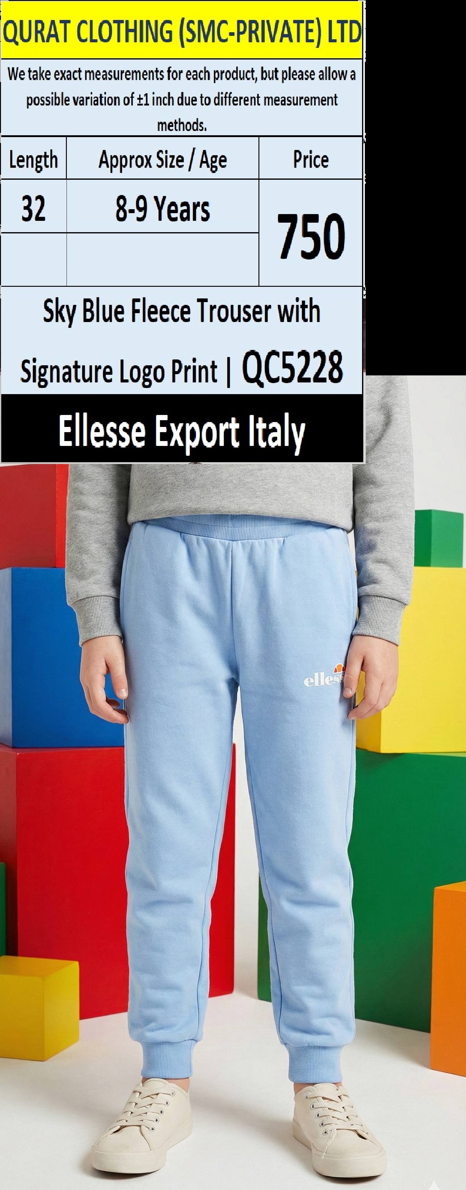 Sky Blue Fleece Trouser with Signature Ellesse Logo Print – QC5228 | Export Italy