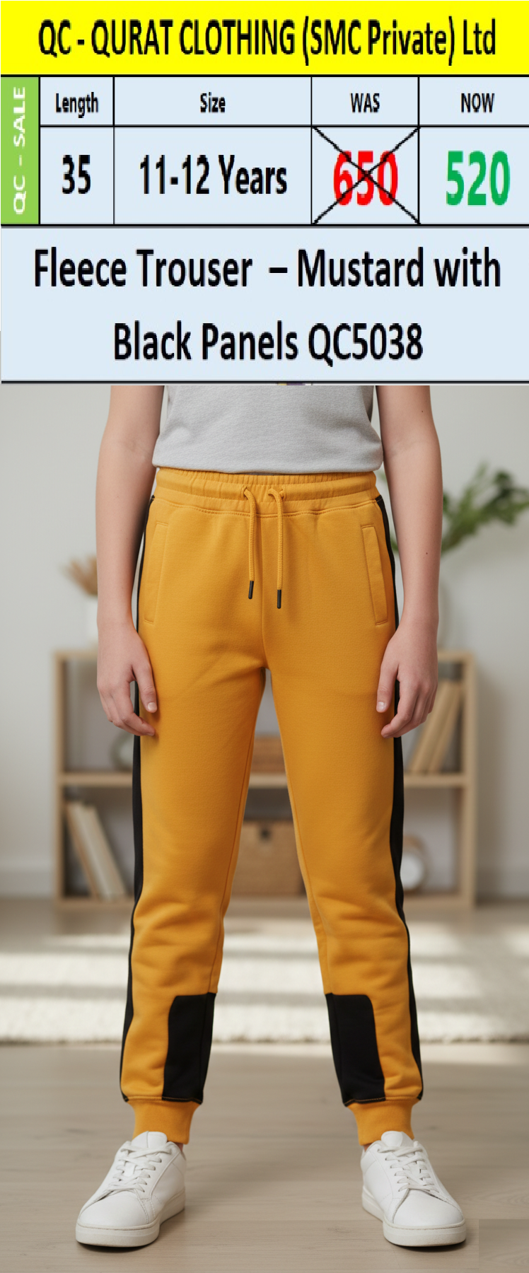 Mustard Fleece Trouser with Black Side Panels QC5038 – Contrast Jogger Style