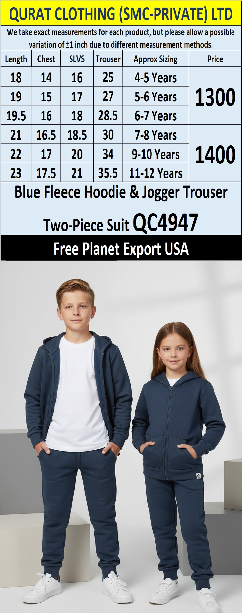 Free Planet Brand Blue Fleece Hoodie & Jogger Trouser Two-Piece Suit QC4947 – Export USA - QC4947